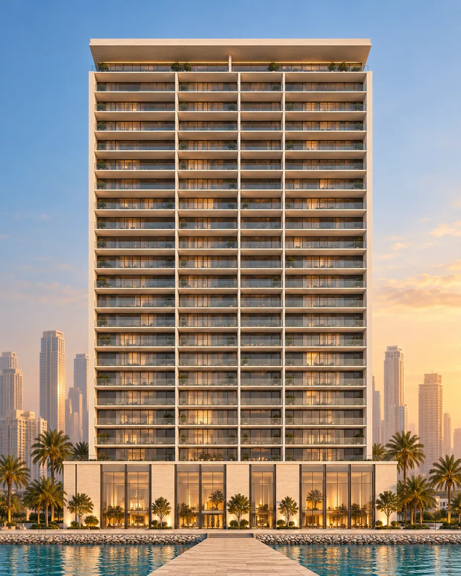 Water facade of Nacrelle Residences with every floor, seen from the jetty — illustrative visualisation
