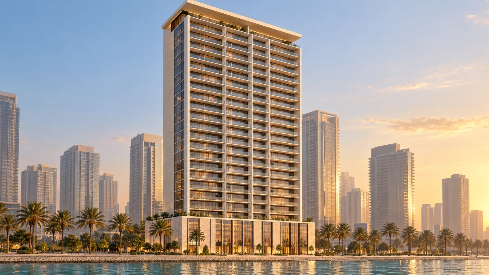 Nacrelle Residences at golden hour seen from the water: a slender tower with continuous glass balconies above a stone podium and a palm-lined promenade — illustrative visualisation