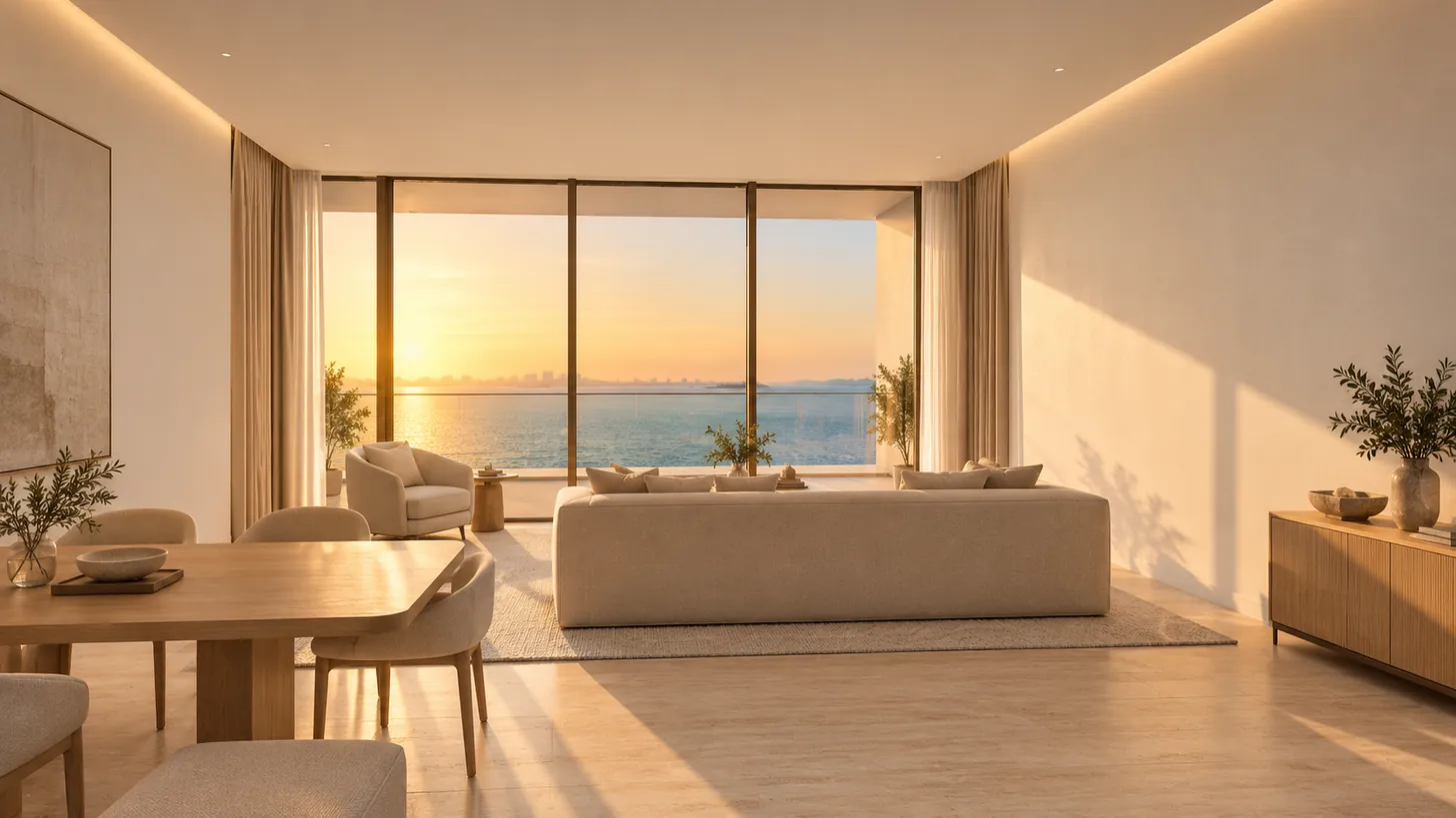 Living room of home 1602 with floor-to-ceiling glazing, balcony and view over the water — illustrative visualisation