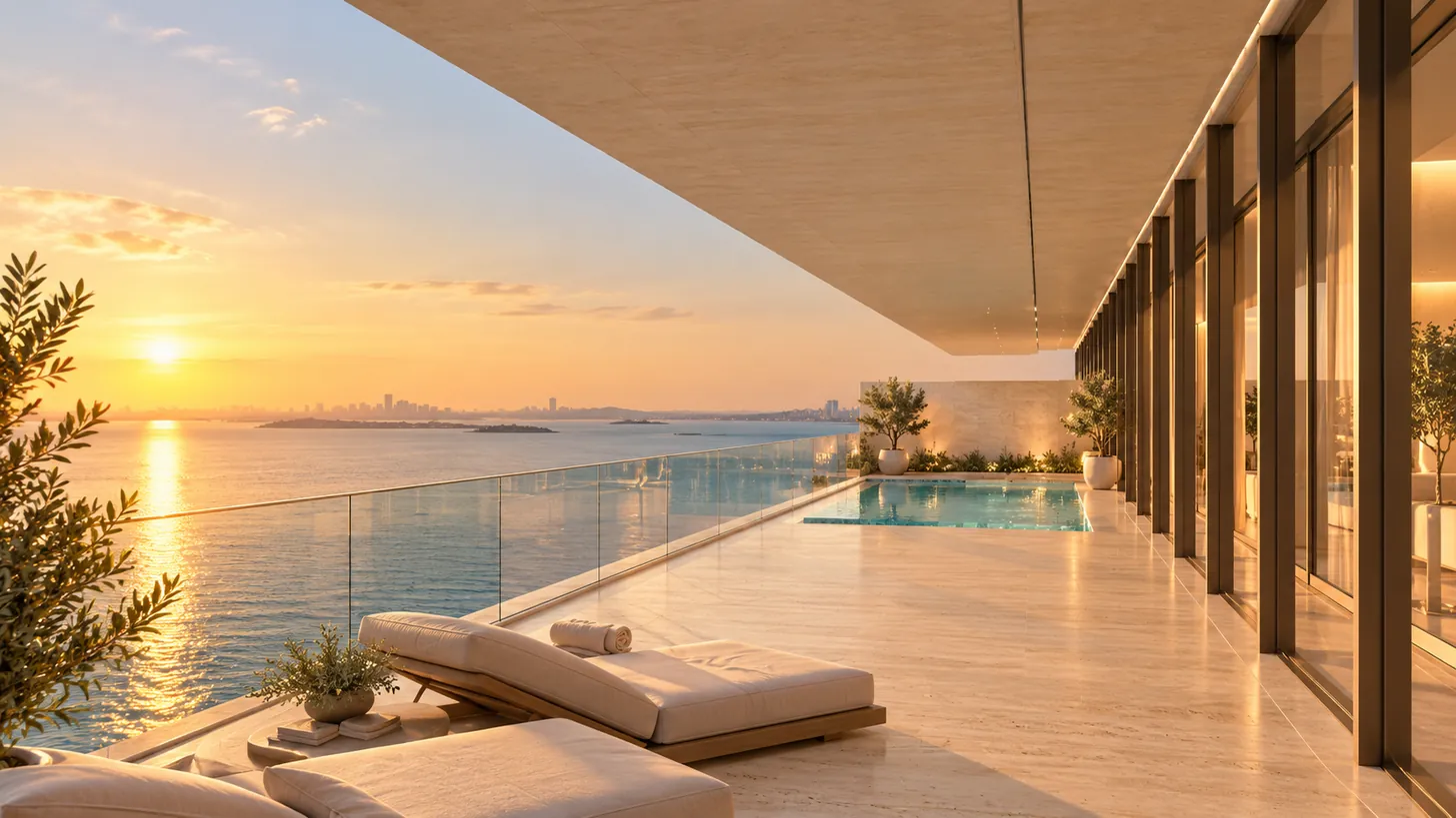 Terrace of penthouse 2302 with a private pool and the water to the west — illustrative visualisation